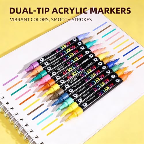 WINSONS 120 Colors Acrylic Paint Markers Dual Tip Dual Colors Brush Tip Pens for Rock Painting Supplies, Canvas, Wood, Calligraphy, Metal, Glass, DIY Crafts Art Supplies Kit (120 Colors - Dual Colors)