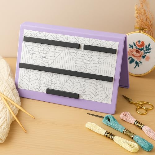 Flutesan 1 Pcs Knitting Pattern Holder, Fold up Cross Stitch Knitting Chart Keeper with Replacement Magnets, Magnetic Cross Stitch Accessories (Folded Size 6.1 x 9 Inch,Purple)