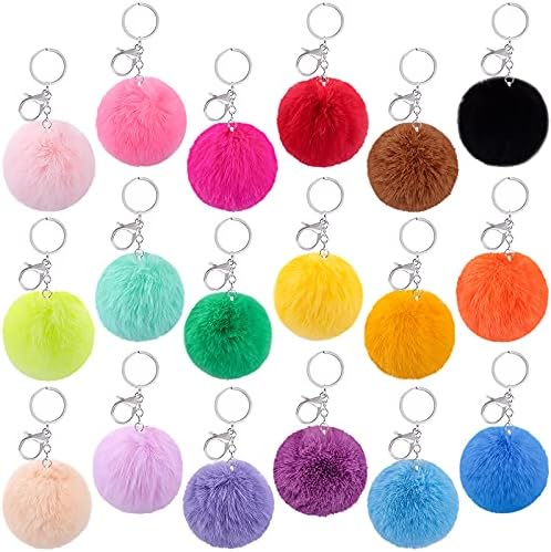 BQTQ 18 Pieces Pom Pom Keychains Rabbit Faux Fur Balls with Silvery Hooks
