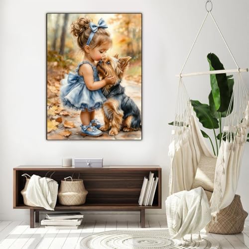EIBEILI Diamond Art Kits for Adults, Girl and Dog Diamond Painting Kits for Beginner DIY 5D Full Drill Diamond Dots Crafts for Home Wall Decor Gifts 12x16 Inch
