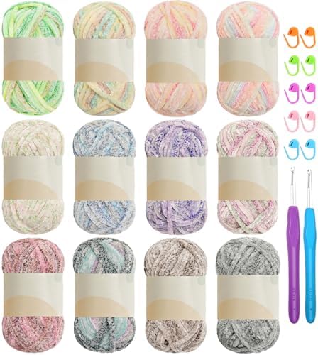 12 PCS Soft Chenille Chunky Velvet Yarn for Crocheting,Fluffy Warm Baby Yarn for Knitting and Crochet Blanket DIY Craft Amigurumi Pack with Crochet Accessories Multicolour-D