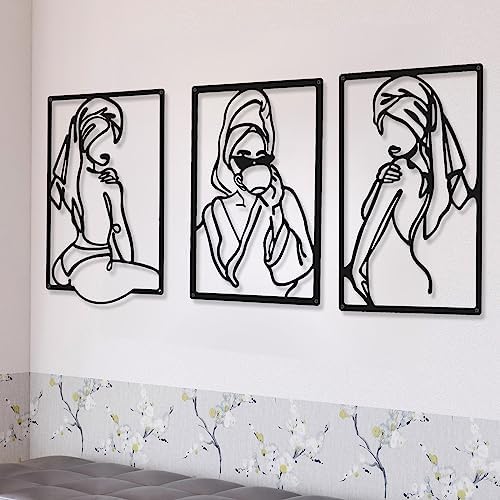 CHENGU 3 Pieces Metal Minimalist Abstract Woman Wall Art Line Drawing Wall Art Decor Single Line Female Home Hanging for Kitchen Bathroom Living Room