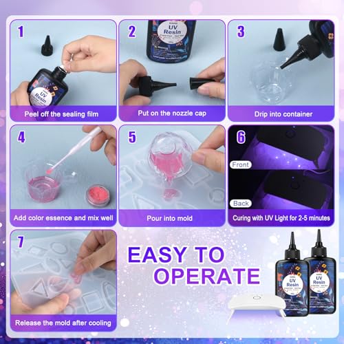 KISREL UV Resin with Light - 200g Upgraded Hard Type Crystal Clear Ultraviolet Curing UV Resin Kit, 8 Lamp Beads UV Light, Resin Kit with Light for Craft Jewelry Making (Pack of 2)