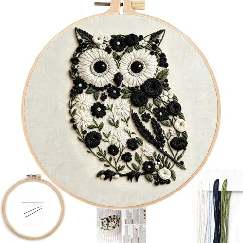 FONNUY Floral Owl Embroidery Kit for Beginners, DIY Handmade Flower Animal Embroidery Set with Hoop, Stamped Cross Stitch Kit for Adults, Unique Home Wall Art Decor & Craft Gift (Black)
