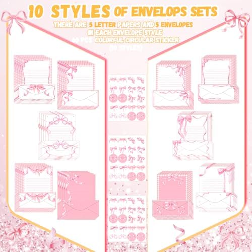 TaoBary 160 Pcs Pink Bow Stationery Paper and Envelopes Set, 8.5 X11''