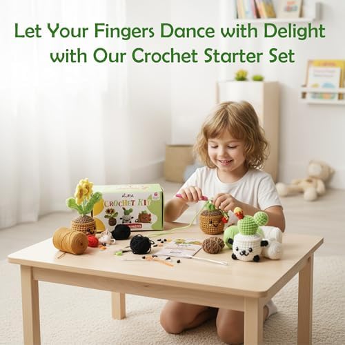 A-URA Learn to Crochet Kit for Beginners Kids and Adults, Premium 4 Animal Pattern Beginner Crochet Kits with Easy Tube Yarn & Step-by-Step Video Tutorials (Plants Crochet Kits)