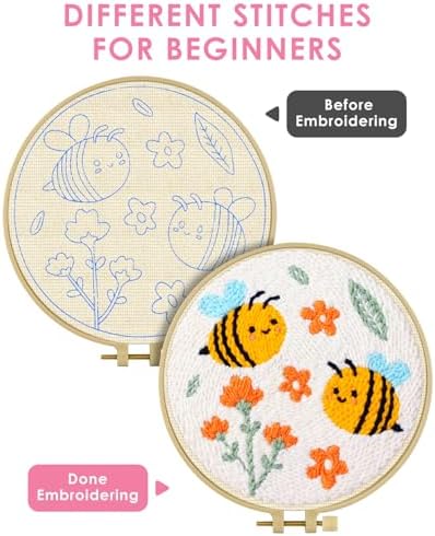 TINDTOP Punch Needle Kits, DIY Punch Embroidery Kits for Adults Beginner, Tool with Punch Needle Fabric, Hoops, Yarns and Sewing Needles (Set E)