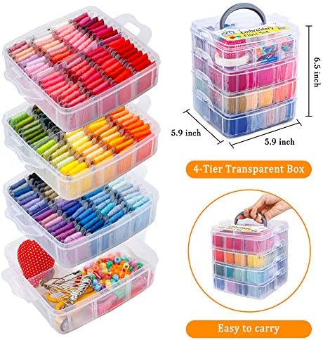 INSCRAFT 403 Pack Embroidery Kits for Adults, 250 Colours Embroidery Threads, Cross Stitch Kits for Beginners Bracelet and Craft Making, 153 Pcs Cross Stitch Tool, 4-Tier Transparent Craft Storage Box