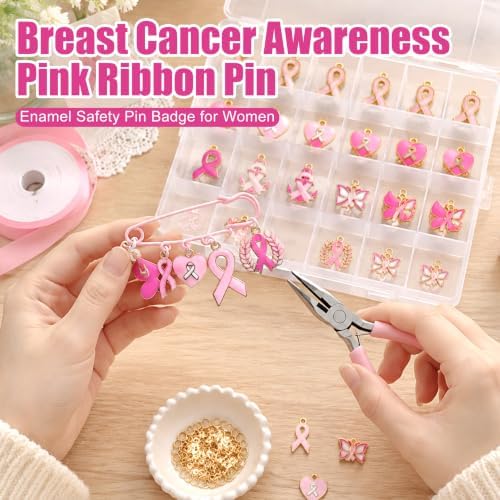 Breast Cancer Awareness Accessories DIY Pins Ribbon Brooches Craft Kit, 24 pink Safety Pins, 75 Enamel Charms, 100 Jump Rings, Pliers Tool, Pink Breast Cancer Survivor Gift for Women Girls Charity Month Party