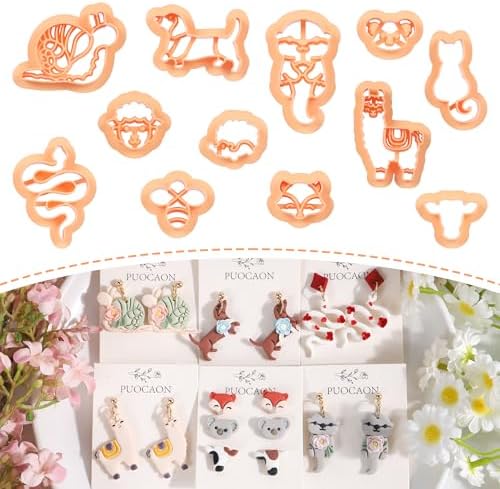Puocaon Animal Polymer Clay Cutters - 12 Pcs Cute Animal Clay Cutters for Polymer Clay Jewelry, Cottagecore Snail Clay Earring Cutters Otter Cat Cow Fox Clay Jewelry Cutters