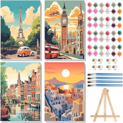 4 Pack Cityscape Framed Paint by Numbers Kit for Adults with Easel 8x12 in