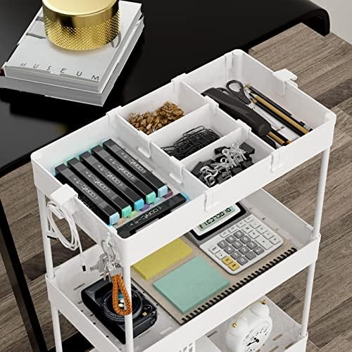 SPACELEAD 4 Tier Rolling Cart with Wheels, Storage Craft Art Trolley Organizer Serving, 3 Hanging Baskets Easy Assembly, for Office, Living Room, Kitchen