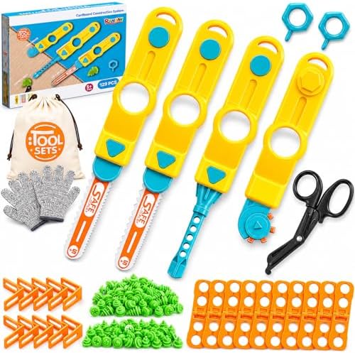 Cardboard Tools for Kids, 129 PCS Cardboard Construction Kit, Kids Building Set with Safe Serrated Cutter, Crease Roller, Screws & Nuts, Creative STEM Educational Toys Gift for Boys and Girls Age 5+