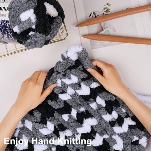 Chunky Yarn for Hand Knitting, #10 Chunky Blanket Chenille Yarn, Bulky Thick Jumbo Yarn, Super Chunky Knit Yarn for Crocheting, 8 Skein (8 oz 20 yds Each Skein), Tie Dye Black & Grey & White