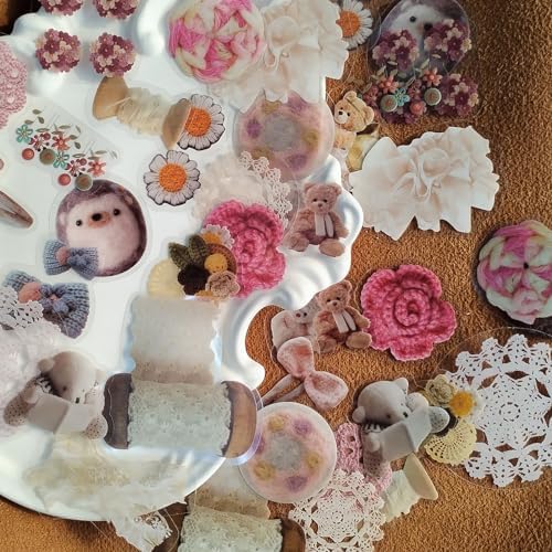 160PCS Cute Stickers, Vintage Ribbon Lace Knitting Bear Scrapbook Sticker Bow Home Decorative Decals for Scrapbooking Journaling Supplies Junk Journal Planners Crafts Gift for Adults Teen