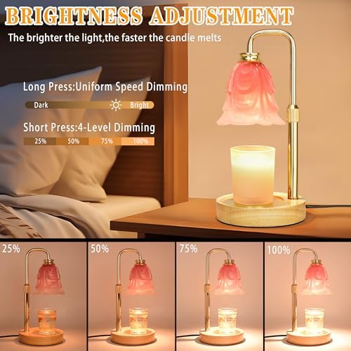 XJZJY Pink Glass Flower Candle Warmer Lamp with Timer, Home Decor Gifts | Dimmable wax melt warmer with 2 bulbs for jar candles, height adjustable, pink tulip design, home decor, housewarming gifts