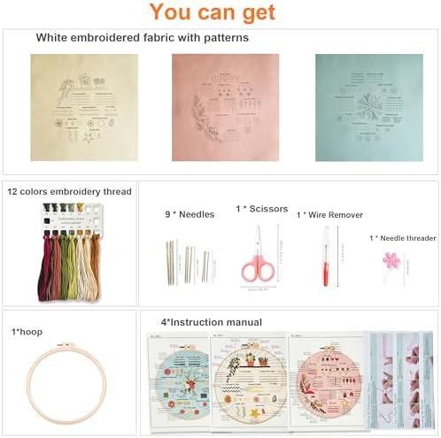 Myfilicity Embroidery Beginners Stitch Practice kit, 3 Embroidery Starter Kits, Learn 30 Different Stitching Techniques for Craft Enthusiasts to Hand-Stitch Fabric and Learn Embroidery Skills…