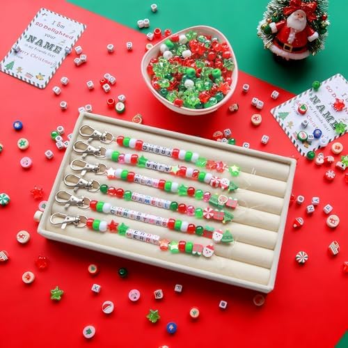 Tuhangcc 823 Pcs DIY Keychain Making Kit，Adjustable Letter Alphabet Beads Strings,Keychain Christmas Colors Pony Beads, 16 Charm Cards with Lobster Clasps & Strings for Christmas Favors
