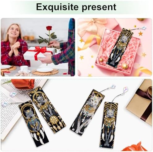 4-Piece Dreamcatcher Cat Diamond Painting Bookmarks Set for Adults – DIY 5D Rhinestone Art Bookmark Kits with Tassels, Beautiful Diamond Art Bookmarks for Crafts and Gifts