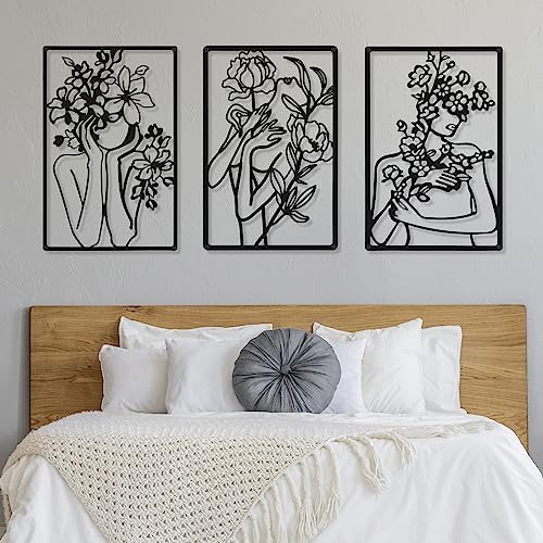 CHENGU 3 Pieces Metal Minimalist Abstract Woman Wall Art Line Drawing Wall Art Decor Single Line Female Home Hanging for Kitchen Bathroom Living Room