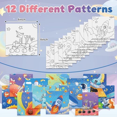 Anseal 12 Packs Pre Drawn Canvas to Paint, 4" X 4" Space Pre-Printed Canvas Paint Party, Stretched Outline Painting Boards for Beginners, Party Favor