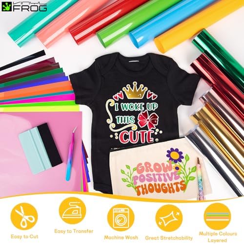 VINYL FROG 30PCS Heat Transfer Vinyl Bundle with Tools – 20 Sheets PU Iron on Vinyl + 5 Metallic HTV, 12"x12" HTV Starter Kit Scraper, Weeding Pen, Tweezers, Cutting Mat, Teflon for DIY T-Shirts