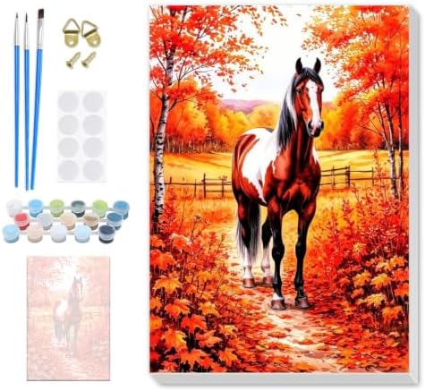 SENQAO Horse Paint by Numbers Kit for Adults Beginner, Fall Adult Paint by Number Kits on Canvas, DIY Acrylic Oil Easy Painting by Numbers for Home Wall Decor 8X12 inch