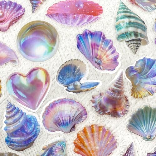 50pcs Fantasy Seashell Stickers Pack – Clear Ocean Shell Pearl Scrapbook Stickers for Journaling, Planner, Laptop, Water Bottle Decoration