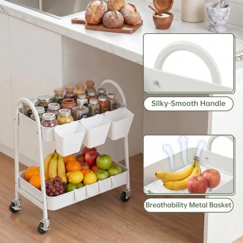 danpinera 2-Tier Rolling Cart, Utility Cart Mobile Metal Rolling Storage Cart with Lockable Wheels & Hanging Cups & Hooks for Kitchen, Bathroom, Office, Workshop, Purple