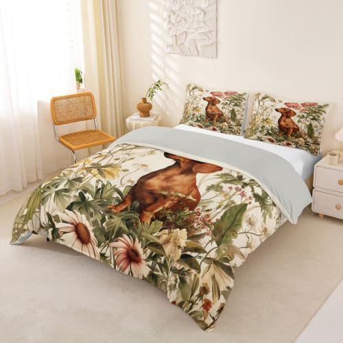 Erosebridal Dachshund Duvet Cover Queen Size Wildflowers Bedding Set for Adults Teens Women Animal Vintage Botanical Comforter Cover Watercolor Style Bedclothes Room Decor