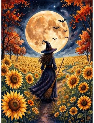 Witch Diamond Art Kits for Adults, Autumn Sunflower Diamond Painting
