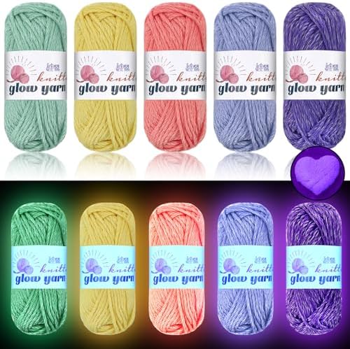 WILLBOND 5 Rolls Glow in The Dark Yarn Luminous Crochet Yarn for Crocheting DIY Knitting Glow Fingering Sewing Supplies for Halloween Arts Crafts Sewing Party, 54.7 yd Per Roll (Cute Colors)