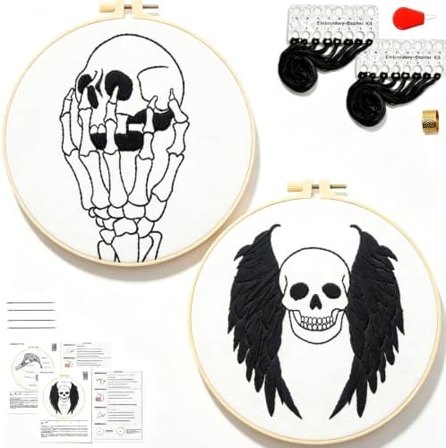 Skull Halloween Embroidery Kits for Beginners Adults, Gothic Embroidery Sets Needlepoint Kits, Halloween Stamped Cross Stitch Kits for Beginners Adults, 2 Embroidery Hoops (Attached Video Tutorial)