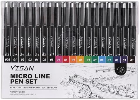 YISAN 18-Pack Colored Drawing Markers for Artists,Fineliner Pens,Micro-line Pens,11 Waterproof Archival Ink Colors Felt Tip & 7 Black,70344