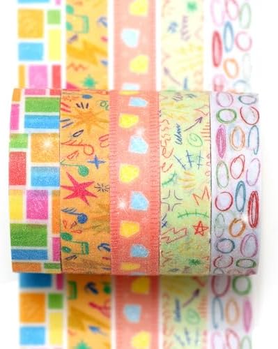 Cute Pattern Washi Tape Set 5 Rolls Glitter Cover Decorative Wide Kawaii Masking Tapes for Arts, DIY Crafts, Journals, Planners, Scrapbook, Wrapping (12 Bright Colors)