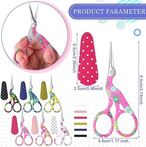 Therwen 6 Pcs 3.6 Inch Embroidery Scissors with Artificial Leather Cover Stainless Steel Vintage Craft Scissors for Crafting Threading DIY Needlework Art Manual Handicraft (Fresh)