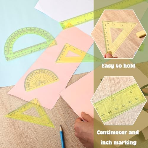 Tenare 6 Pcs Math Geometry Ruler Set, Protractor Triangle School,Yellow