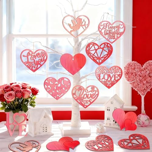 80PCS Wooden Heart Ornaments to Paint Valentine's Day Craft,10 Styles DIY Blank Unfinished Wood Heart Cutouts Ornament for Crafts Spring Tree Hanging Decorations Love