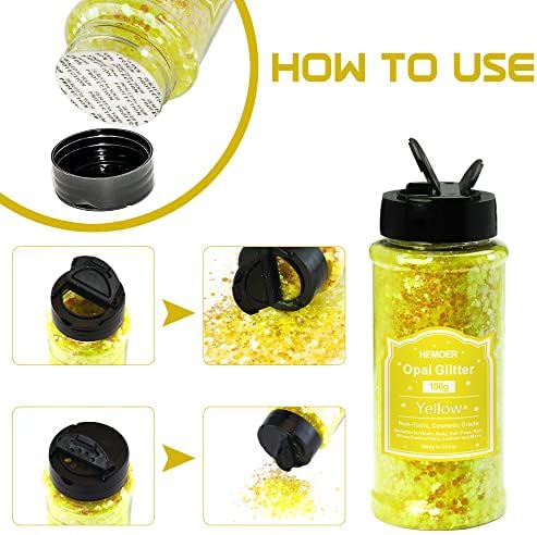 HEMOER Yellow Opal Glitter 100g/3.5oz, Cosmetic Mixed Hexagon Chunky & Fine Craft Glitter Resin Sequins for Epoxy Glass, Resin Art, Body, Hair, Face, Nail, Tumbler, Festival Party