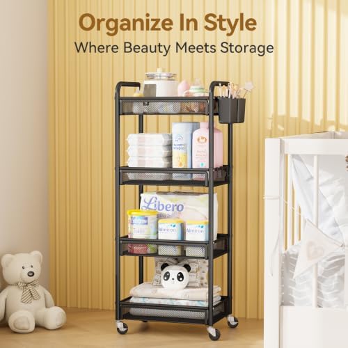 YASONIC 4 Tier Rolling Cart – Rolling Storage Cart with Wheels | Multi-Functional Utility Cart Storage Cart for Living Room, Kitchen, Office, Bathroom, Movable Storage Organizer with Wheels