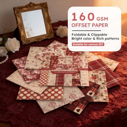 Vintage Red Scrapbooking Paper Pad - 24 Sheets 6in Flowers Aesthetic Patterned Decorative for Decoupage Journals Wrapping Folded Supplies Gift Anniversary Cards DIY Crafts Photo Album Origami