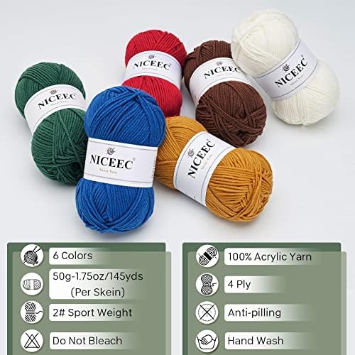 NICEEC 300g Soft Assorted Colors Yarn 100% Acrylic 870yds -Xmas