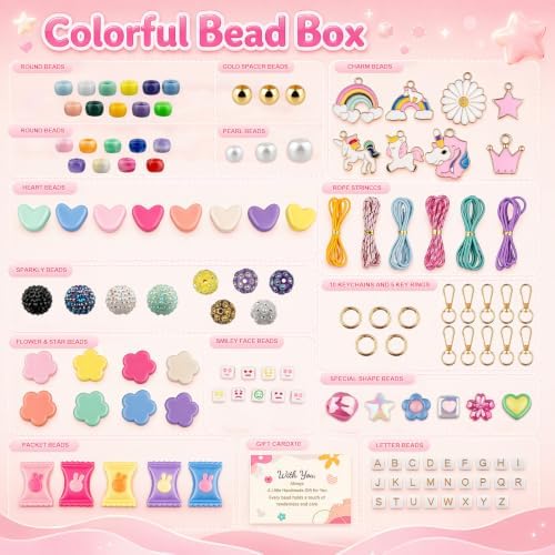 Fcoget 850pcs Beaded Keychain Making Kit,DIY Bead Keychain Making Kit, Bracelet Bag Charm Kit,with Acrylic Letter Pony Beads & Unicorn Crafts Jewelry Making Kit Gifts