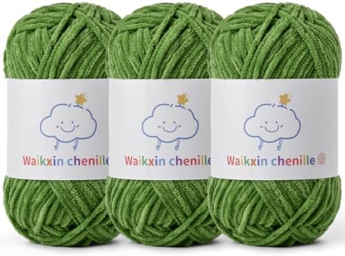 Skinny Chenille Yarn for Crocheting, 3 Pack of 1.75 oz/109 yds Amigurumi Yarn&Baby Yarn for Crocheting Soft, Fluffy Fingering Weight Velvet Yarn for DIY Crafts&Baby Blankets.(3 Army Green)