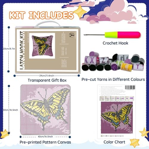 YP Latch Hook Kits for Kids and Adults DIY Throw Pillow for Home Decoration Tropical Butterfly Cover Cushion Cover Hand Craft Crochet for Festival Gift,17" X 17"