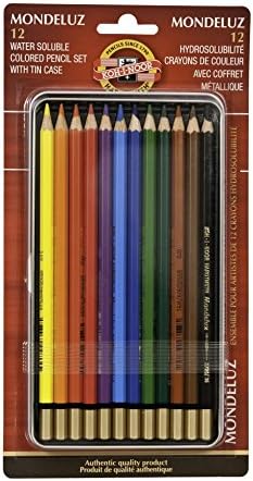 Koh-I-Noor Mondeluz Aquarelle Watercolor Pencil Set, 12 Assorted Colored Pencils in Tin & Blister-Carded (FA3722.12BC)