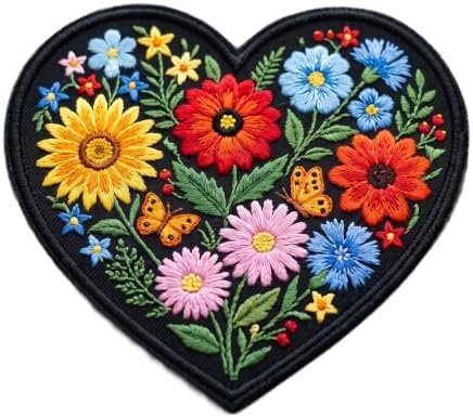 Heart Flower Patches for Clothes 3 inch - Iron On Heart Patches for Backpacks Gift, DIY Applique Accessories, Trucker Hats - Wildflower Applique Embroidery Patch