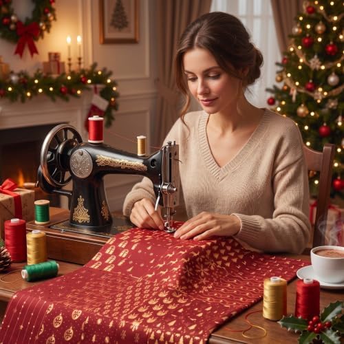 HunnmingRe 20 Pcs 10''x10'' Red Gold Christmas Quilting Fabric Square Winter Precuts Quilted Fabric Bundle Reindeer Snowflake Printed Sewing Material for Patchwork Scrapbook Junk Journal DIY Craft