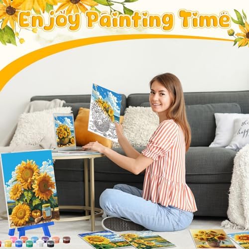 Blosssound 10 Set Pre Printed Canvas Pre Drawn Canvas Painting with Easel Kits 5" x 7" Outline Painting Panels for Beginners, DIY Craft Project, Home Decors(Sunflower)
