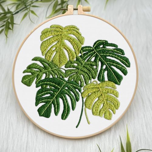ERKOON Embroidery Kit for Beginners Adult, Cross Stitch Set Include Embroidery Cloth Hoop Threads for Craft Lover Hand Stitch with Embroidery Skill Techniques (Leaf)
